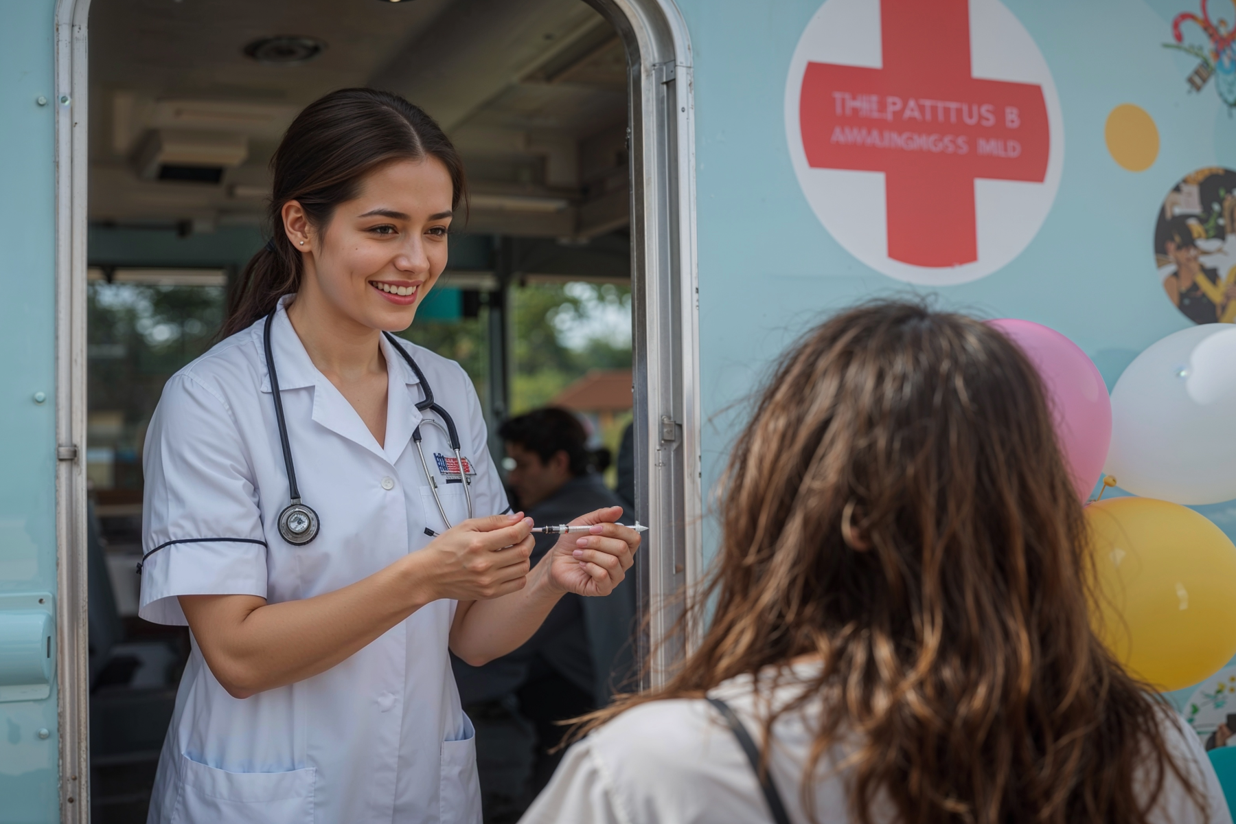 Woman with dark hair offering medical help within a mobile health clinic