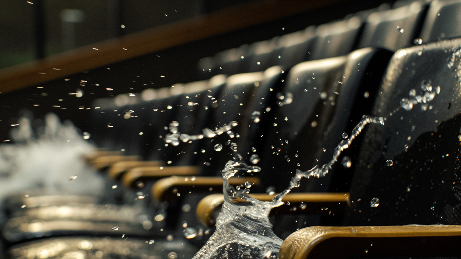 Movie theatre seating with water all over the bottom of the picture. There was a leak and is destroying the theatre.