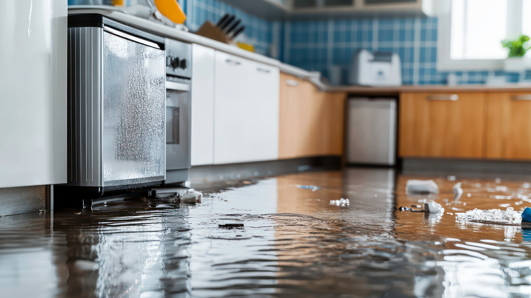 Dishwasher overflowing and kitchen flooded